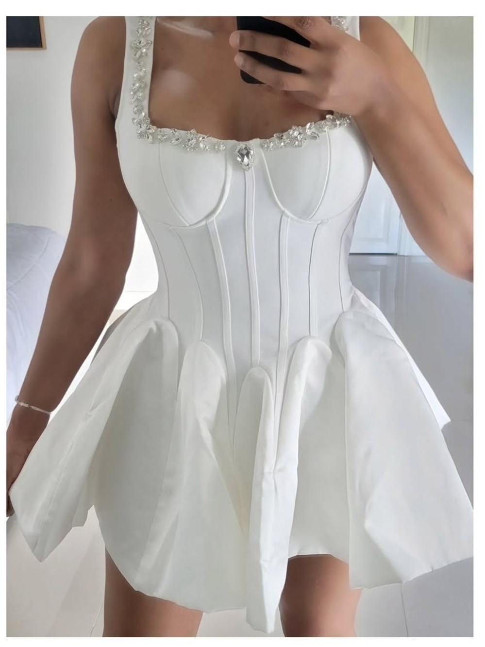 White Structured Corset Mini Dress with Beaded Trim